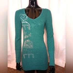 Vintage American Eagle Womens Y2K Long Sleeve Fitted Thermal Top Med Long Preppy